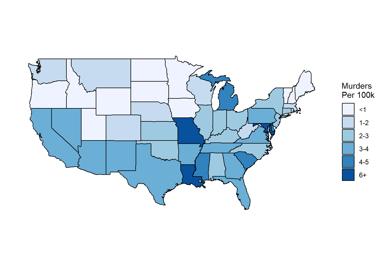 Image shows a map of US showing state-level murder rates per 100k people. Louisiana and Missouri are highest at 6+, while the upper west/midwest and upper New England areas are lowest